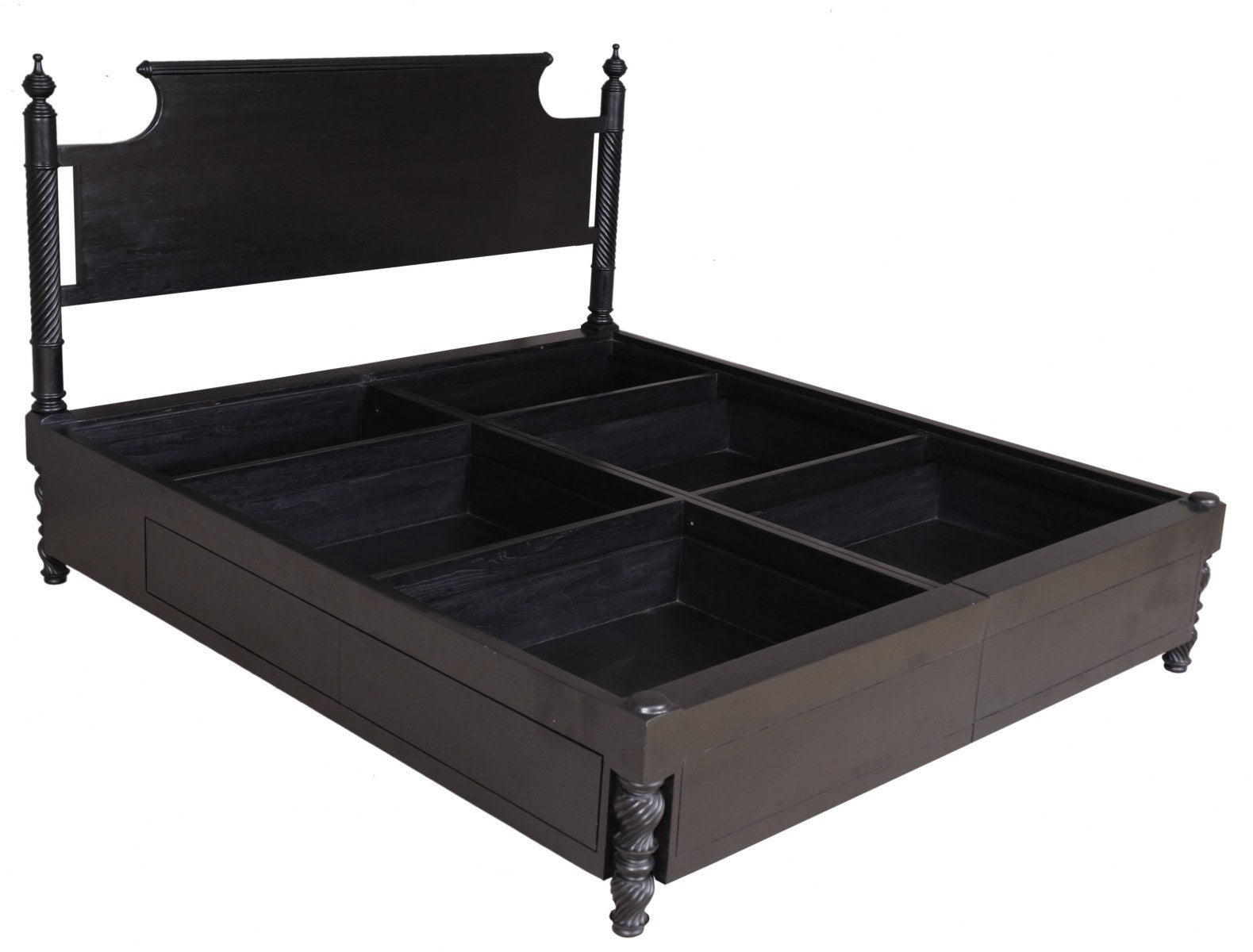 Black wooden bed frame with storage drawers on a white background