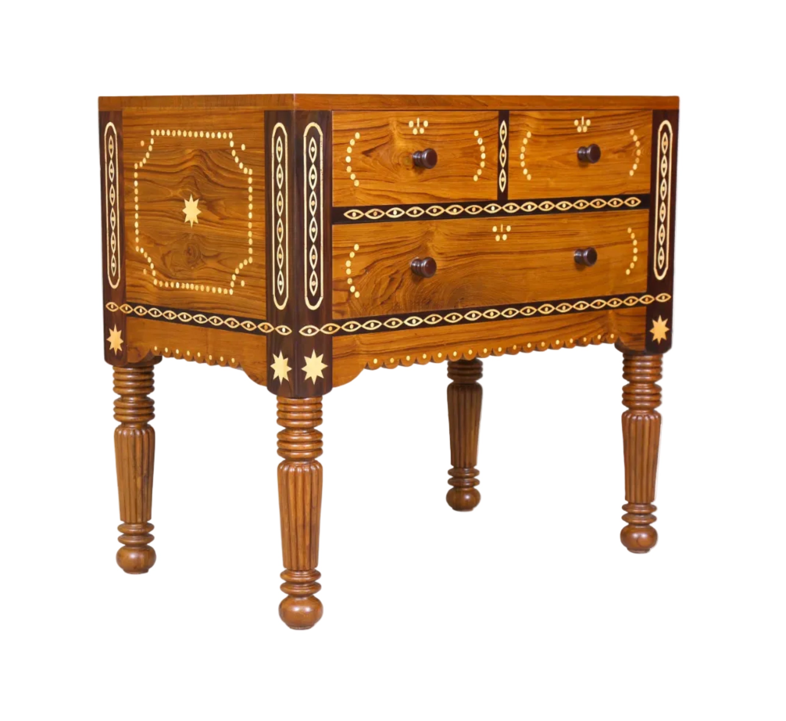 Wooden side table with decorative inlay on a white background