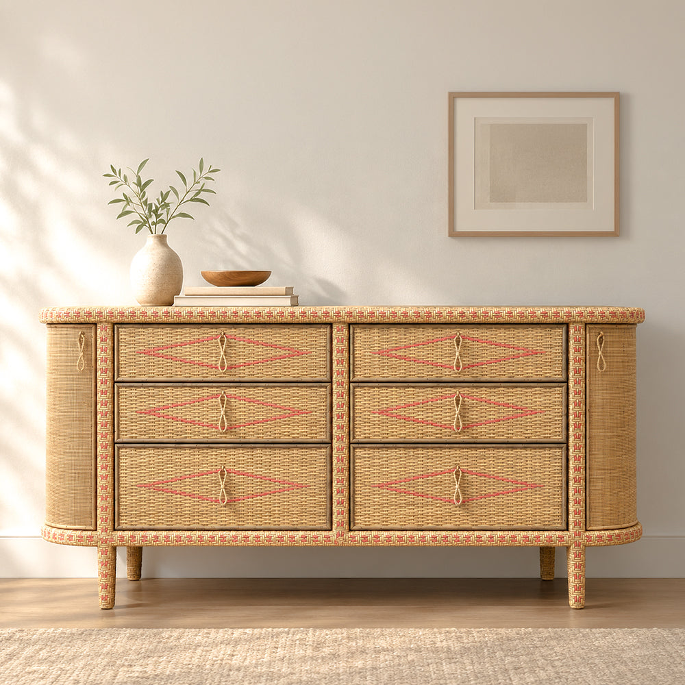 A mid-century modern six-drawer dresser in natural rattan and wood, decorated with coral pink diamond patterns on the drawer fronts and a matching patterned top trim. The dresser is styled in a bright room with a vase of greenery and a framed print on the wall.